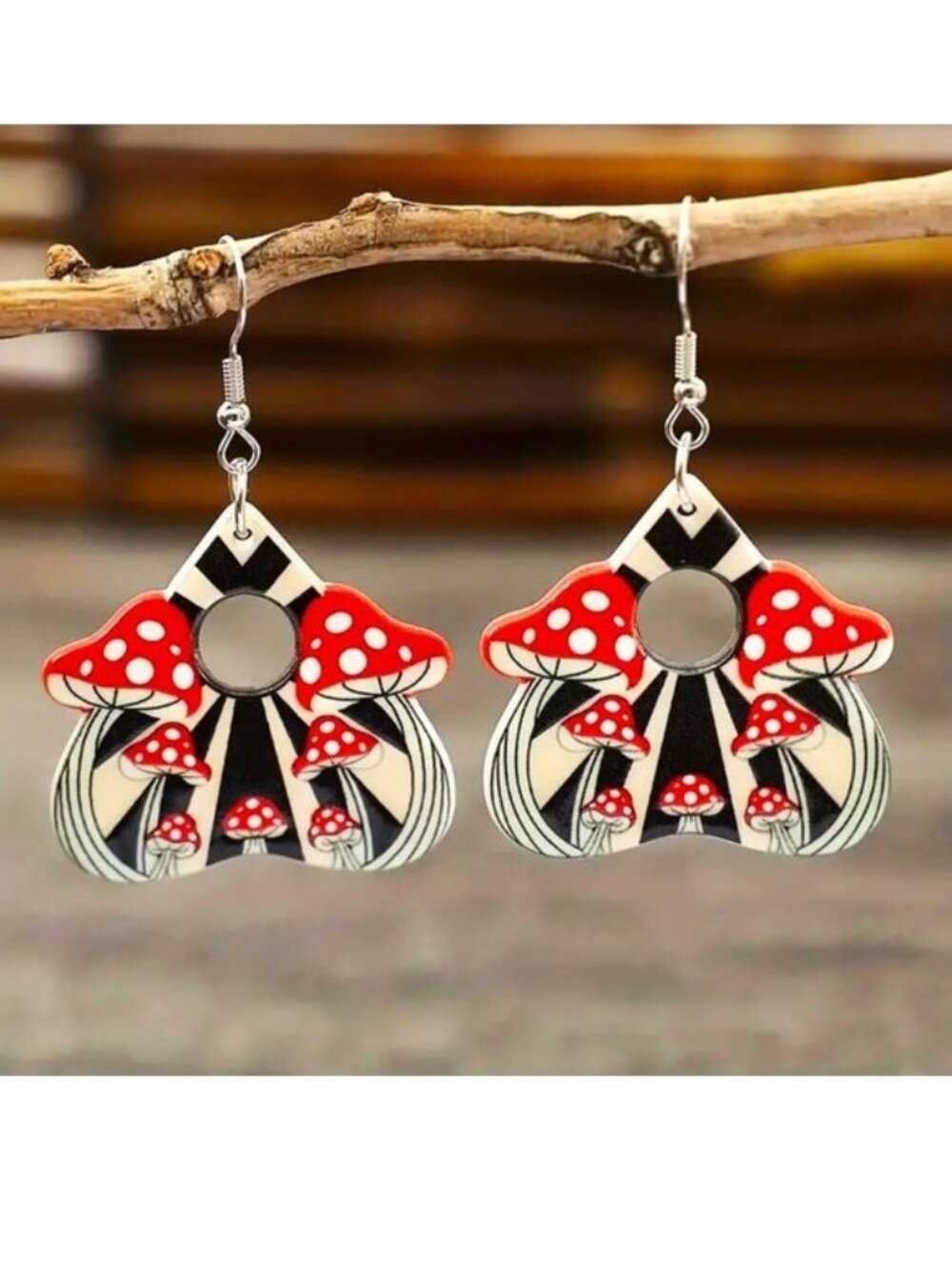 Mushroom Earrings Dangle Groovy Polka Dots Boho Hippie Core Trippy Stylish Fun